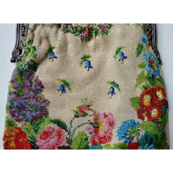 Antique Edwardian Glass Bead Flower Roses Purse Silver Cherub Frame Czech? - Picture 11 of 15